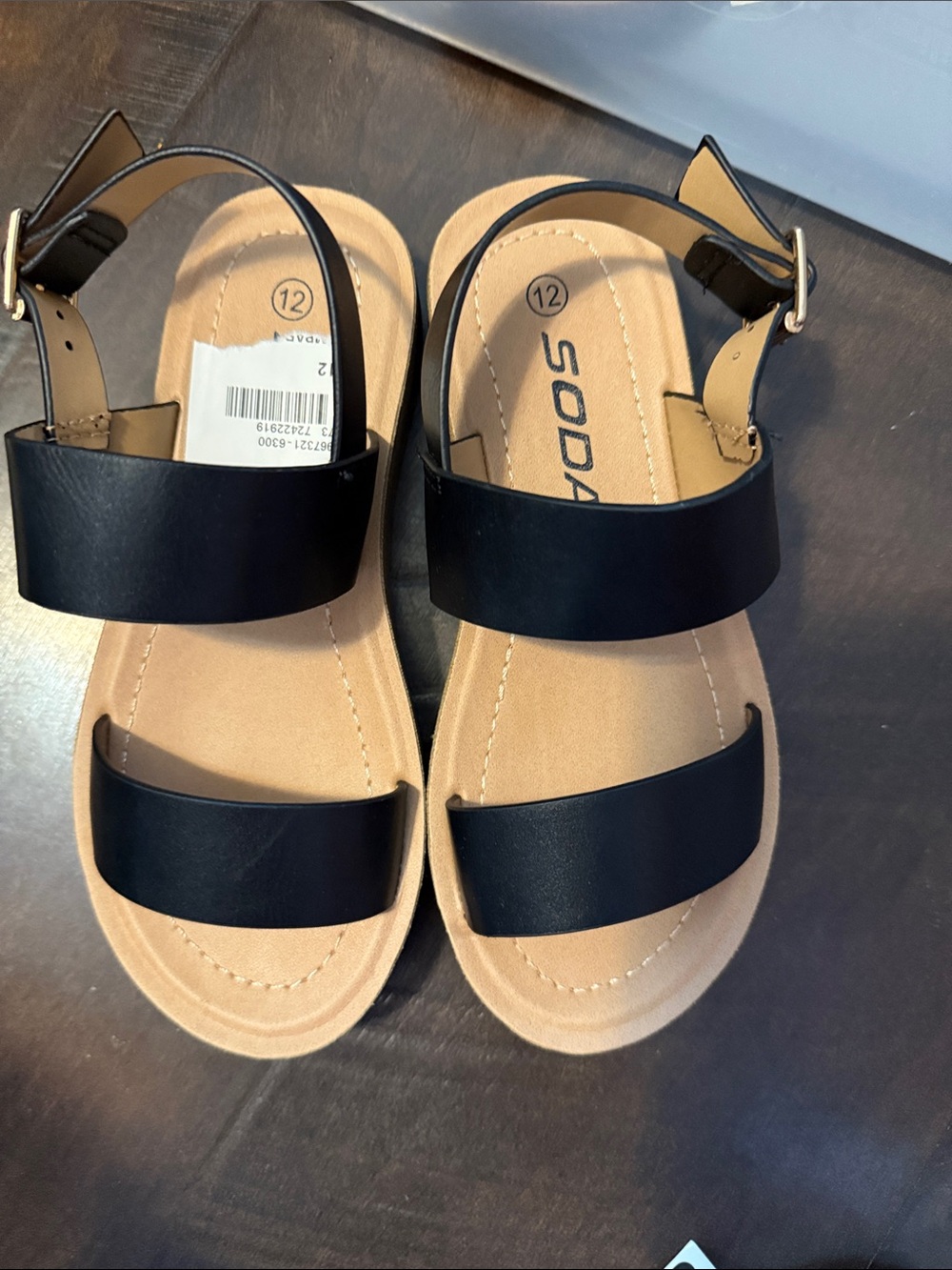Soda Black Strap Sandals with Tan Footbed